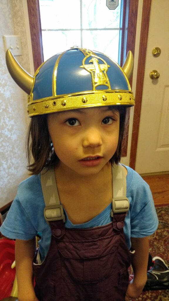 Little Birkebeiner in Viking helmet