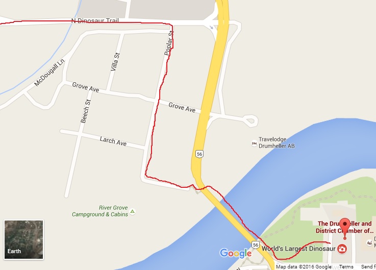 Map of Bike Route from Info Centre to Tyrrell Museum