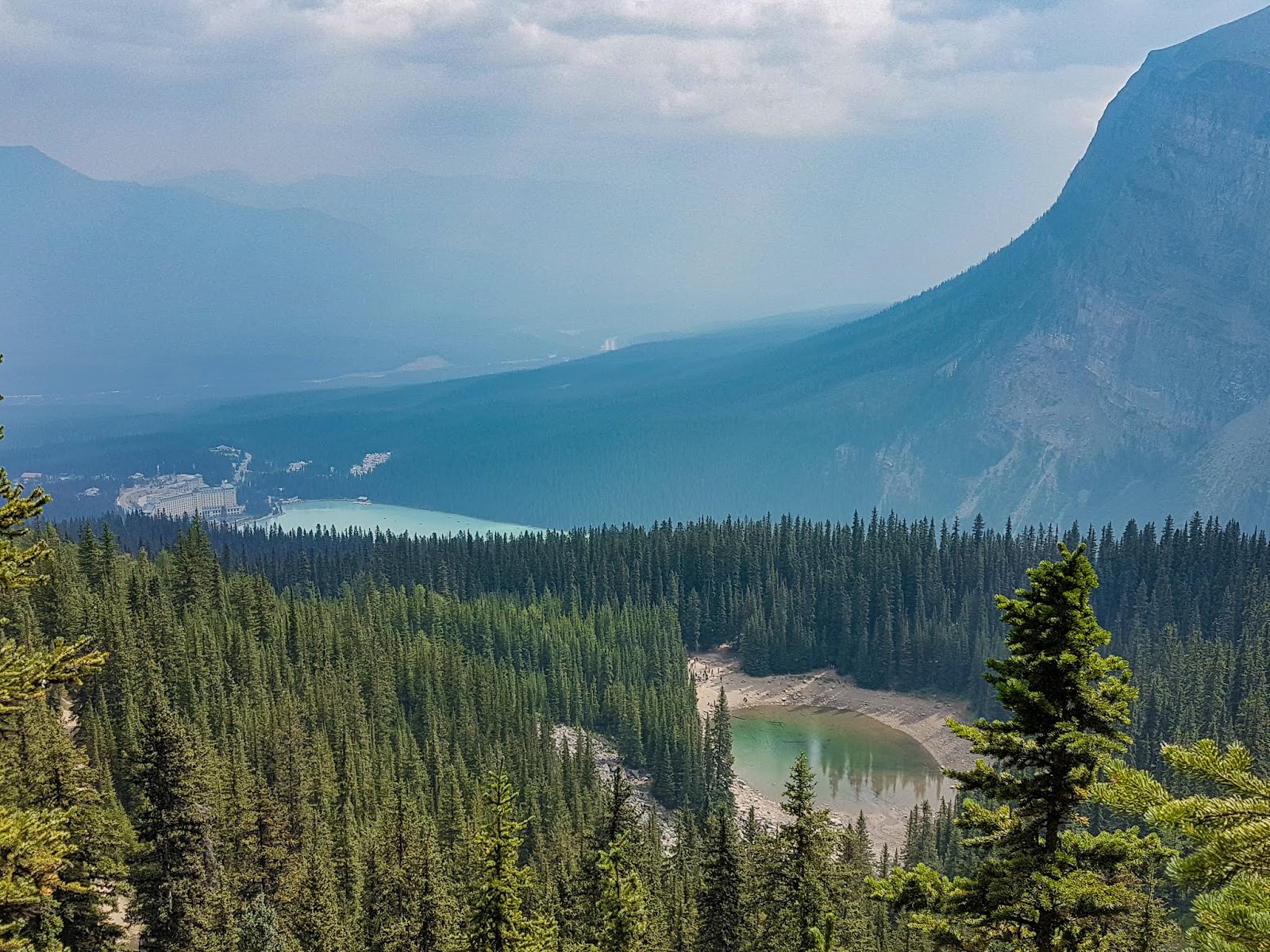 Looking down on Lake Louise (left) and Mirror Lake (right)