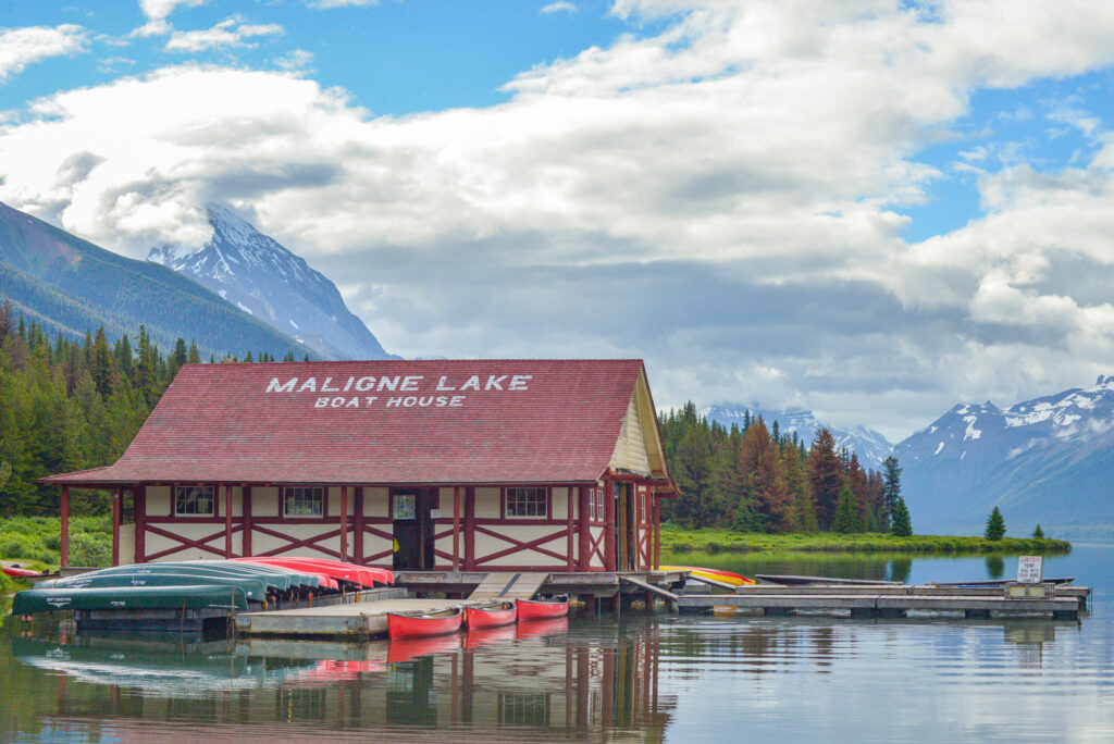Curly Phillips's historic boathouse at Maligne Lake, Jasper